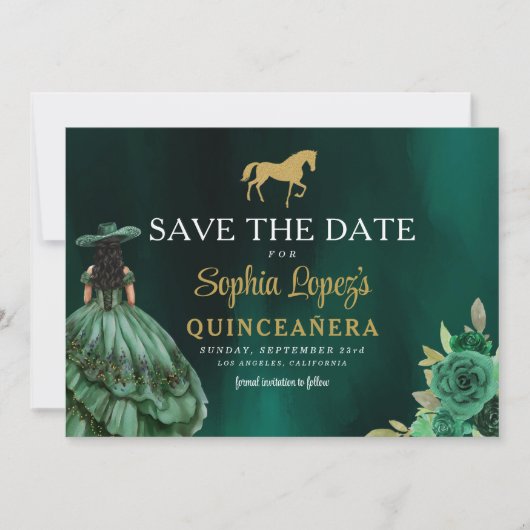 Save The Date Quinceanera d'or vert émeraude (Devant)
