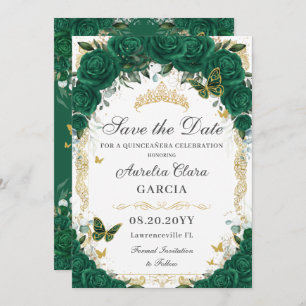 Save The Date Quinceañera Emerald Green Floral Gold Princess