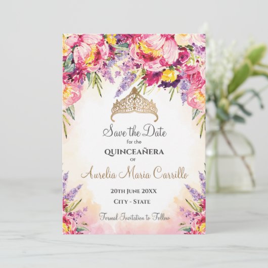 Save The Date Quinceañera en fleurs d'aquarelle (Debout devant)