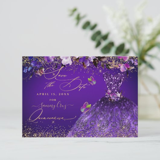 Save The Date Quinceanera Enregistrer la date Violet Robe violet (Debout devant)