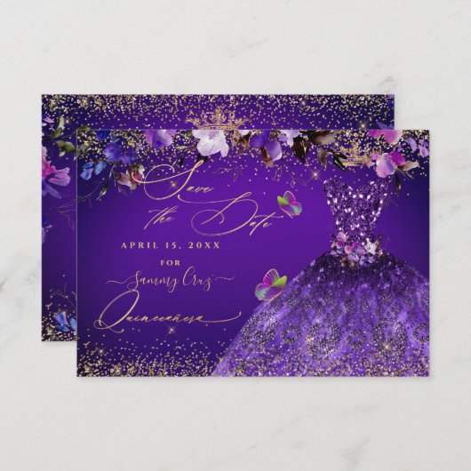Save The Date Quinceanera Enregistrer la date Violet Robe violet (Devant / Derrière)