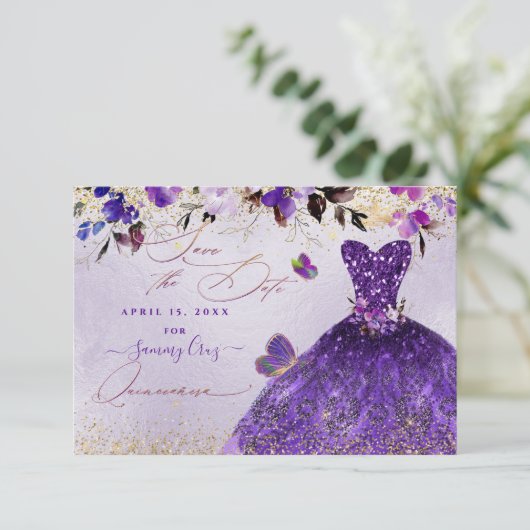 Save The Date Quinceanera Enregistrer la date Violet Robe violet (Debout devant)