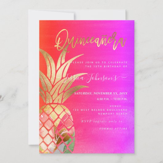 Save The Date Quinceanera, Faux Ananas Aquarelle Or (Devant)