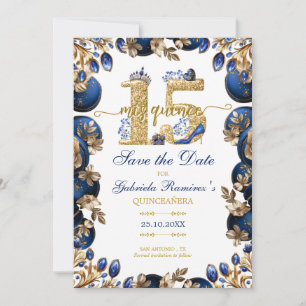 Save The Date Quinceañera Fleur de Tiara Royale Bleu Doré
