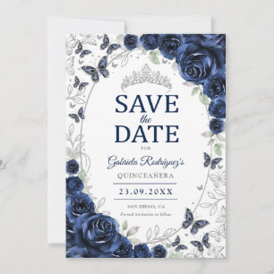 Save The Date Quinceanera Fleurie Bleu Marine Argent