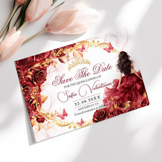 Save The Date Quinceanera Fleurie Or et Rouge Bourgogne