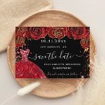 Save The Date Quinceanera fleurs de robe rouge noire<br><div class="desc">Une petite fille et tendance Enregistrer la carte Date pour une Quinceañera, 15e anniversaire fête. Un arrière - plan noir décoré de roses rouges, de faux parties scintillant rouges brille et une robe rouge. Personnalisez et ajoutez une date et un nom/âge. Le texte : Save the Date est écrit avec...</div>