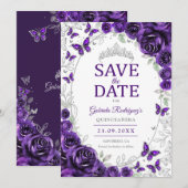 Save The Date Quinceanera Florale Argent Violet (Devant / Derrière)