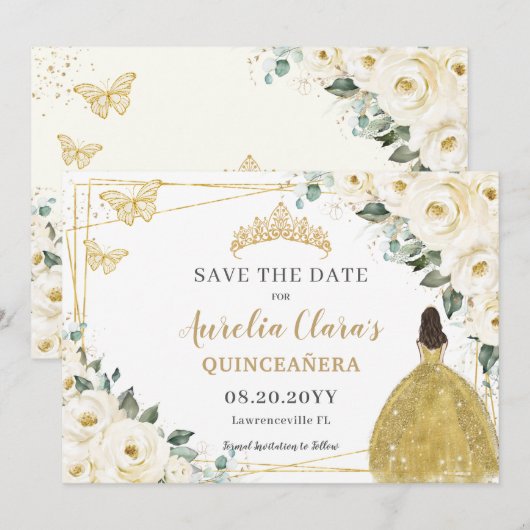 Save The Date Quinceanera Florale Blanc ivoire Douce 16 Princess (Devant / Derrière)
