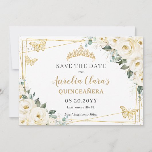 Save The Date Quinceanera florale blanche ivoire doux 16 papillo (Devant)
