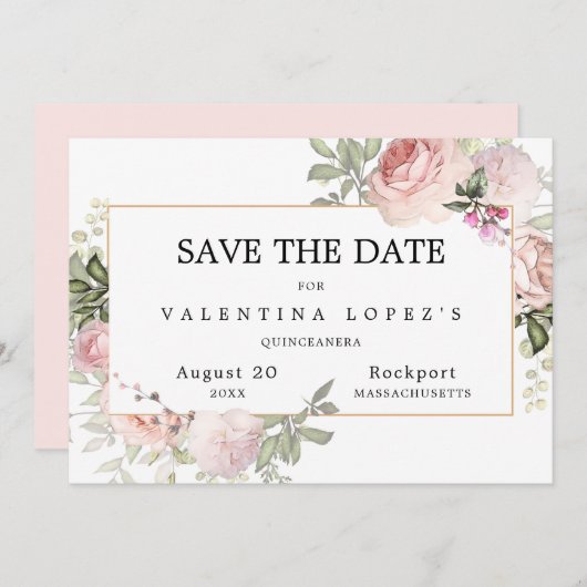Save The Date Quinceanera florale rose pâle (Devant / Derrière)