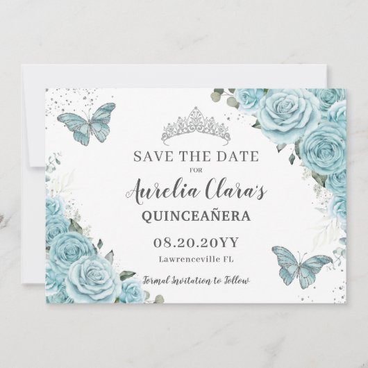 Save The Date Quinceanera Florale Turquoise Douce 16 papillons (Devant)
