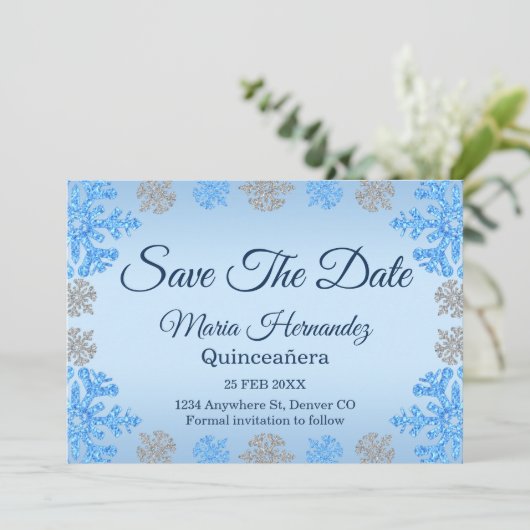 Save The Date Quinceañera Ice Blue Silver Winter Snowflake (Debout devant)
