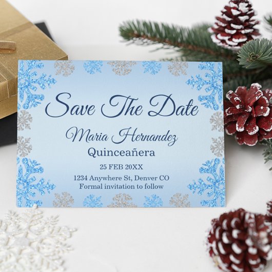 Save The Date Quinceañera Ice Blue Silver Winter Snowflake