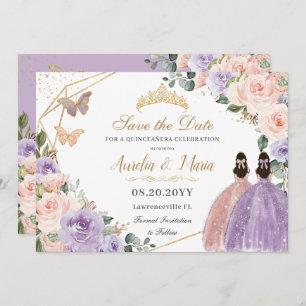 Save The Date Quinceañera Lilac Blush Floral Rose Gold Twins