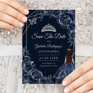 Save The Date Quinceanera Navy Fleurs Papillons Argent
