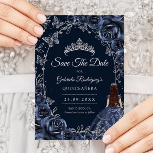 Save The Date Quinceanera Navy Silver Butterflies Roses