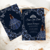 Save The Date Quinceanera Navy Silver Butterflies Roses