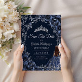 Save The Date Quinceanera Navy Silver Butterflies Roses