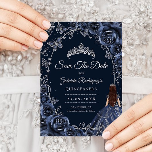 Save The Date Quinceanera Navy Silver Butterflies Roses