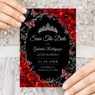 Save The Date Quinceañera Noir Rouge Argent