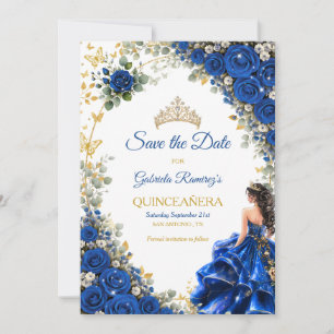 Save The Date Quinceañera Papillon Doré Bleu Royal