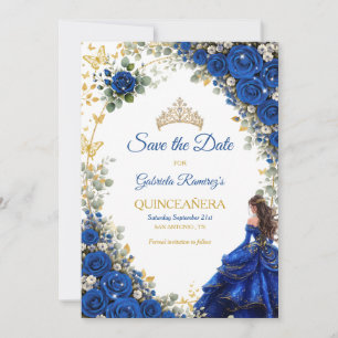 Save The Date Quinceañera Papillons Dorés Bleu Royal