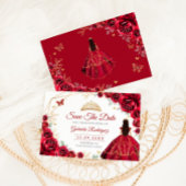 Save The Date Quinceanera Princess Red Roses Gold