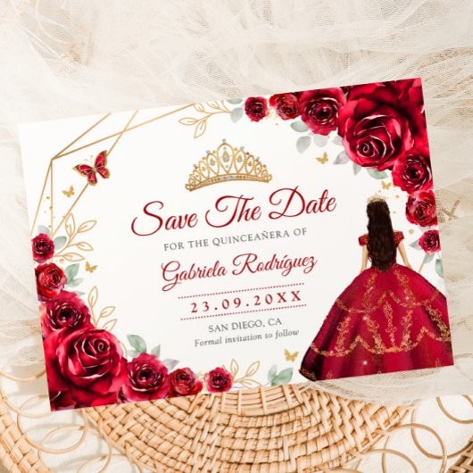 Save The Date Quinceanera Princess Red Roses Gold