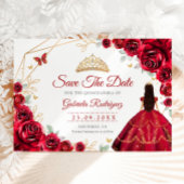 Save The Date Quinceanera Princess Red Roses Gold