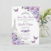 Save The Date Quinceañera Purple Floral Paris Eiffel Papillons (Debout devant)