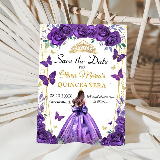 Save The Date Quinceañera Purple Floral Princess Papillons