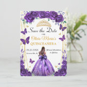 Save The Date Quinceañera Purple Floral Princess Papillons (Debout devant)