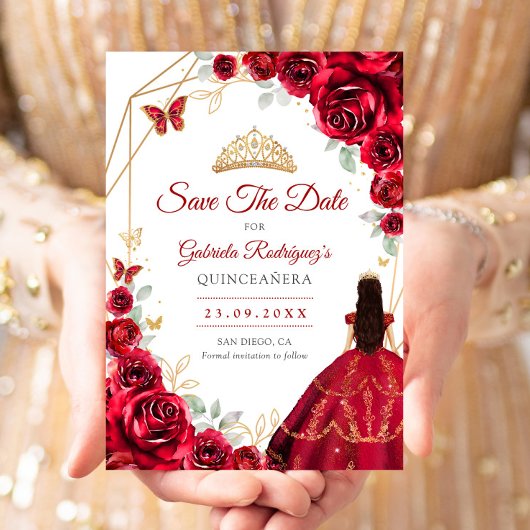 Save The Date Quinceanera Red Roses Dress Gold