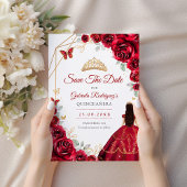 Save The Date Quinceanera Red Roses Dress Gold