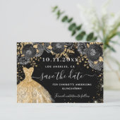 Save The Date Quinceanera robe or noir flores glamour (Debout devant)