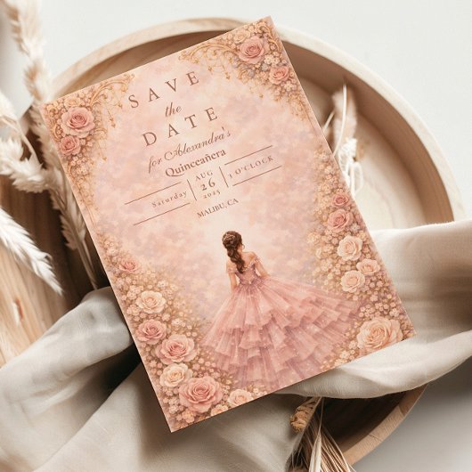 Save The Date Quinceañera Rose Fleurie Poussiéreuse