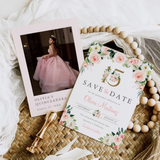 Save The Date Quinceañera rose Floral Enregistrer la date Photo 