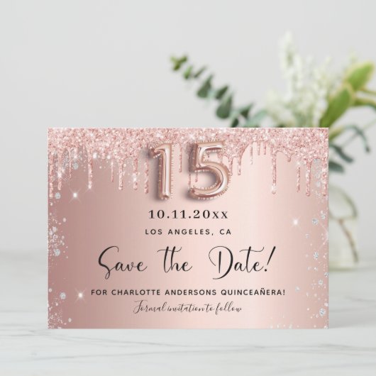 Save The Date Quinceanera rose or argent parties scintillant enr (Debout devant)