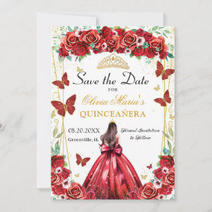 Save The Date Quinceañera Roses rouges Floral Princess Papillons