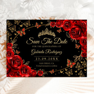 Save The Date Quinceanera Roses rouges noires Or