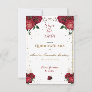 Save The Date Quinceañera rouge, blanc et or Enregistrer la date