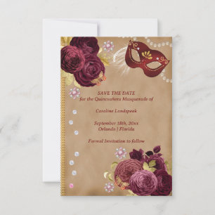Save The Date Quinceañera Rouge Rose Gold Red Masquerade
