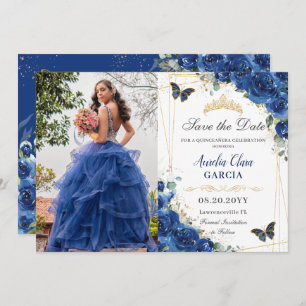 Save The Date Quinceañera Royal Blue Floral Papillons Anniversai