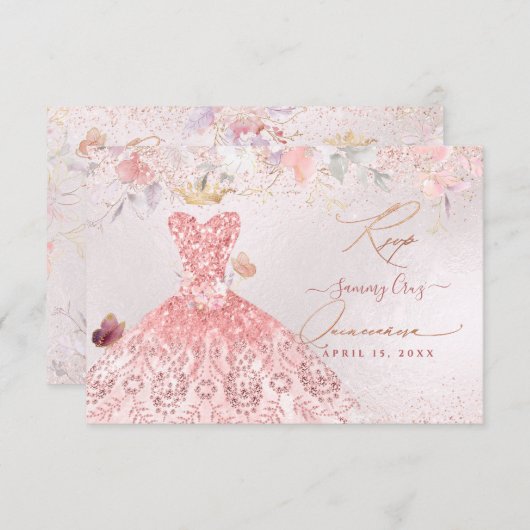 Save The Date Quinceanera RSVP Robe rose pâle (Devant / Derrière)