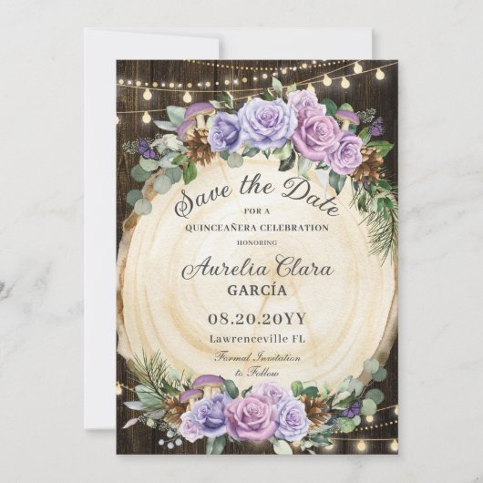 Save The Date Quinceañera Rustique Violet Floral Enchantée Forêt (Devant)