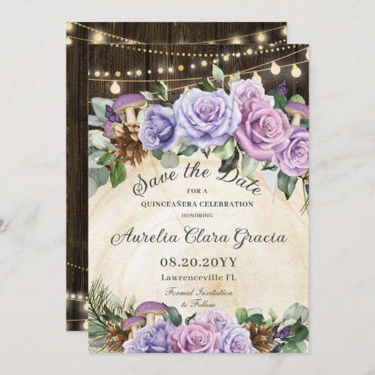 Save The Date Quinceañera Rustique Violet Floral Enchantée Forêt (Devant / Derrière)