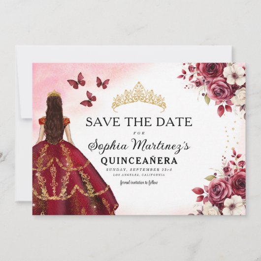 Save The Date Quinceanera Sauvez la date Floral Bourgogne (Devant)