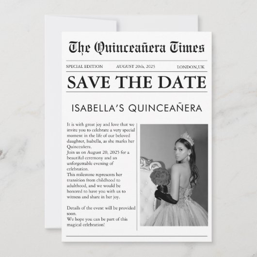 Save The Date Quincère unique en noir et blanc (Devant)