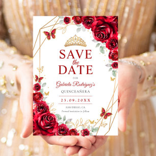 Save The Date Quinze ans Red Gold Floral Quinceanera